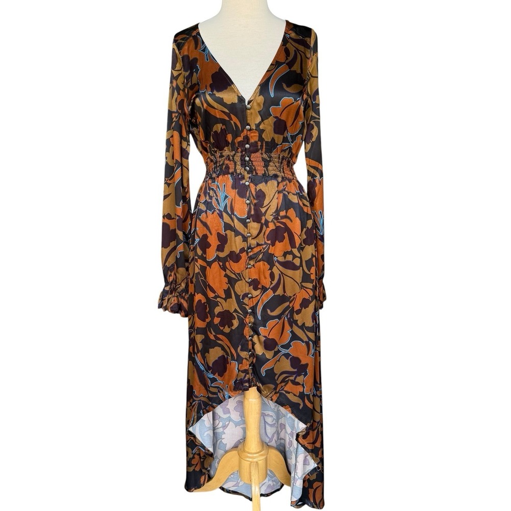 Shyanne Womens Floral Print V-Neck Long Sleeve High-Low Dress XS 100% Viscose